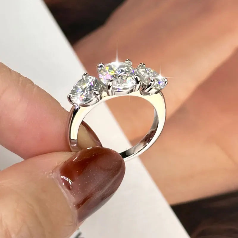 14k Gold Filled Three Stone Ring 8mm&6.5mm D Color Round Moissanite Certified Engagement Wedding Jewelry for Women Rings
