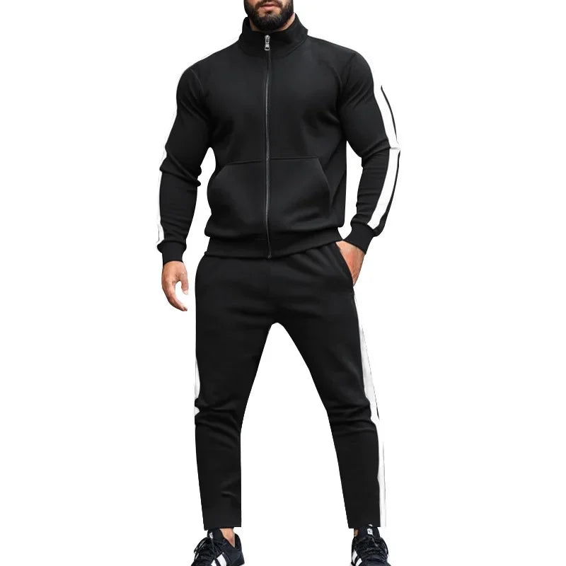 2025 Spring Autumn Men's 2-Piece Set Color Blocking Zipper Stand Collar Casual Sports Jacket Sweatshirt Trousers Suit