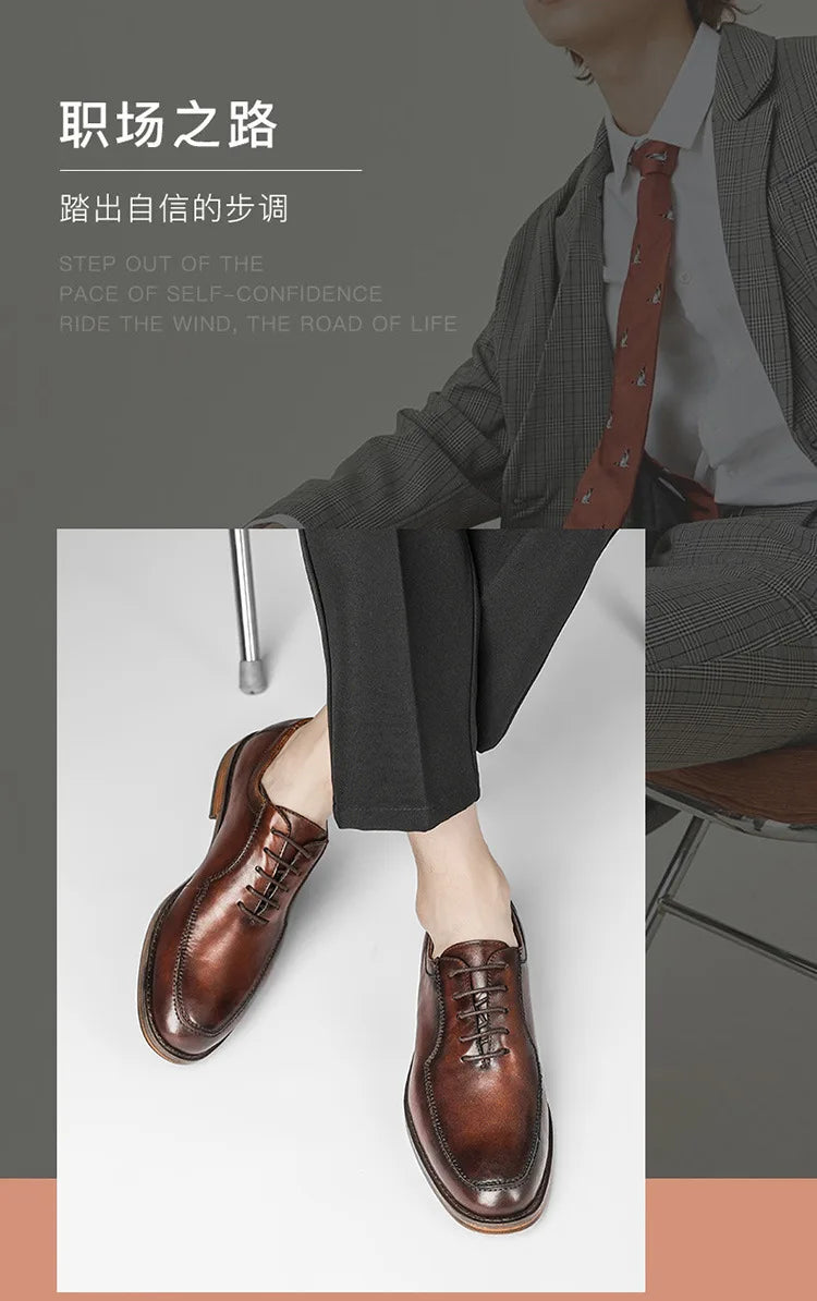 Hot Genuine Leather Shoes Men Wedding Office Dress Shoes Brown Patina Handmade Lace-Up Shoes Business Oxford Footwear