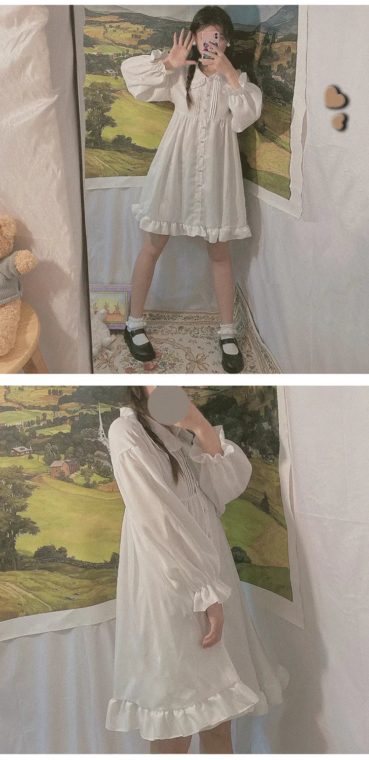 Japanese Sweet Girl Lolita Dress White 2021 Summer Kawaii Peter Pan Collar Cute Ruffle Puff Sleeve Drees Elegant Lady Dresses