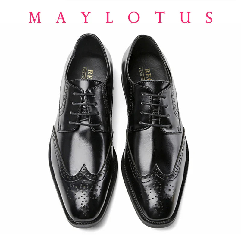 Top Quality Hard Cow Leather Pattern Men Formal Wedding Dress Shoes Pointed Toe Gentleman Men Brogues Oxfords New Spring