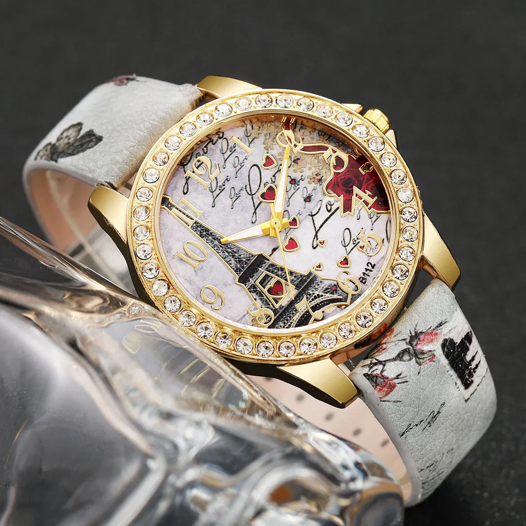 Fashion Rhinestone Women's Watch Arabic Dial Leather Band Quartz Watches（Without Box）