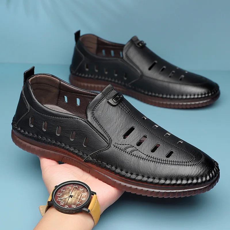 Solid Color Business Casual Shoes for Men Breathable Hallow Leather Sandals Male New Designer Fashion Summer Shoes Man