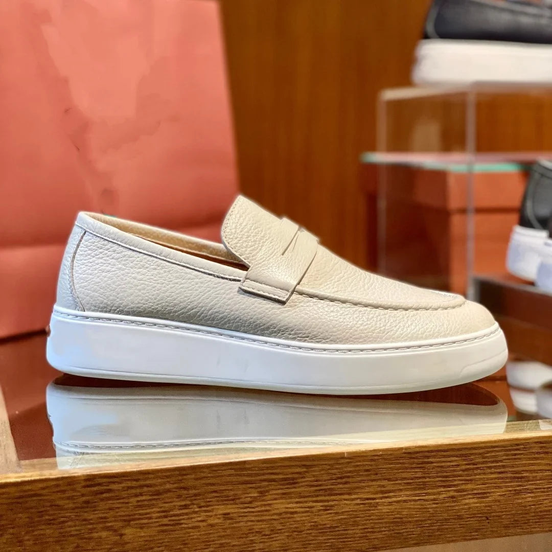 2026 New Men Genuine Grain Leather Penny Loafers Slip On Platform Non Slip Soft Sole Business Casual Driving Daily Walking Shoes
