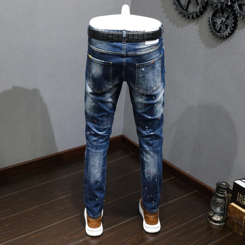 Fashion Designer Men Jeans Retro Blue Stretch Slim Fit Painted Ripped Jeans