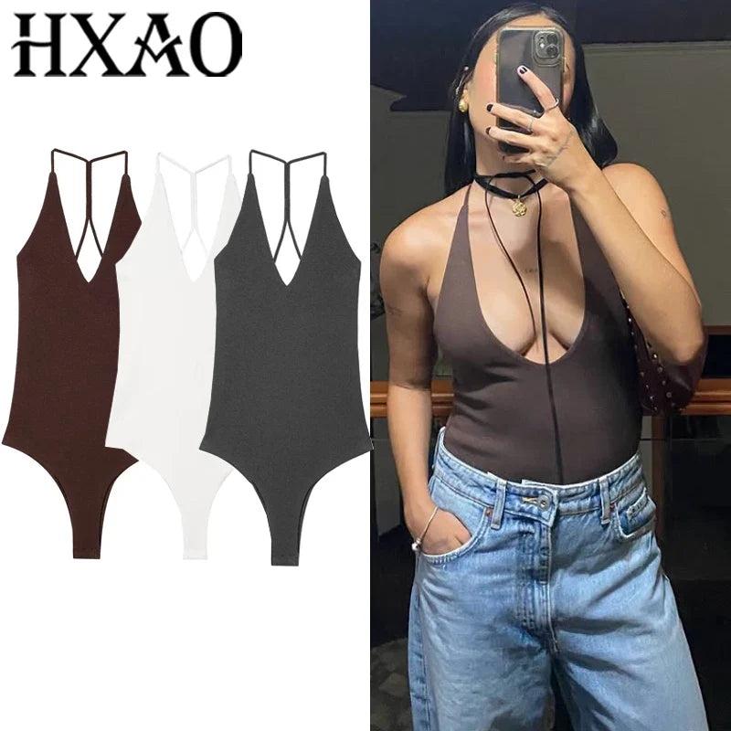 HXAO Female Bodysuit Summer Slip Off Shoulder One Piece Swimsuits Corset Backless Bodysuits Sexy Women Beach Black Brown Body
