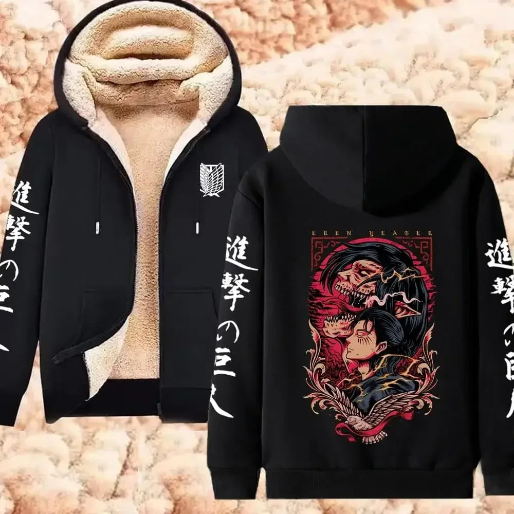 Attack on Titan سترة شتوية دافئة بسحاب، هوديز مطبوع عليها أنمي للرجال والنساء، بلوزات سميكة بسحاب، ملابس الشارع Harajuku Hip Hop