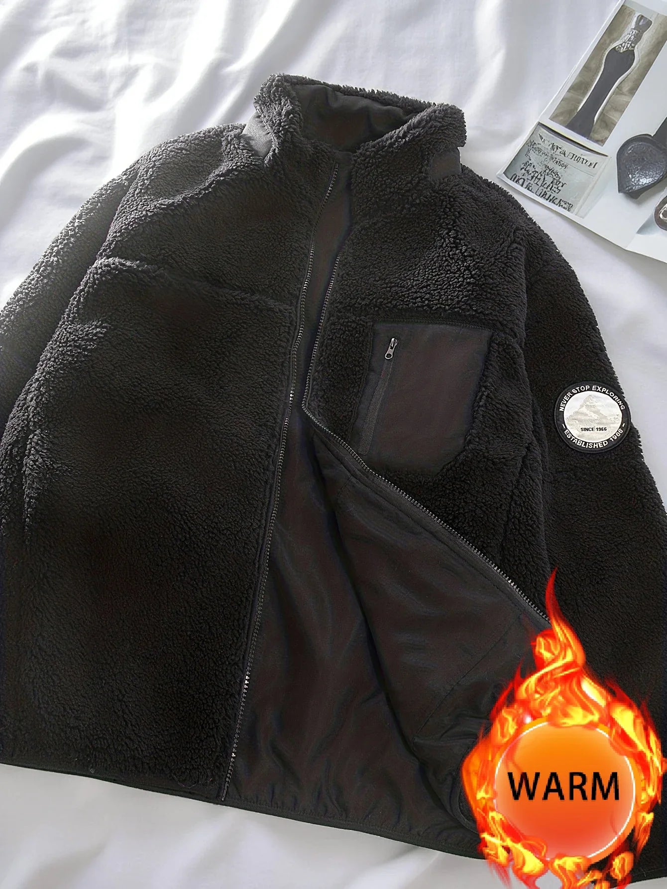Men's Fleece Jacket Winter Thickened Coat Casual Stand Collar Daily Wear for Outdoor Activities Man Fur Outerwear Menswear