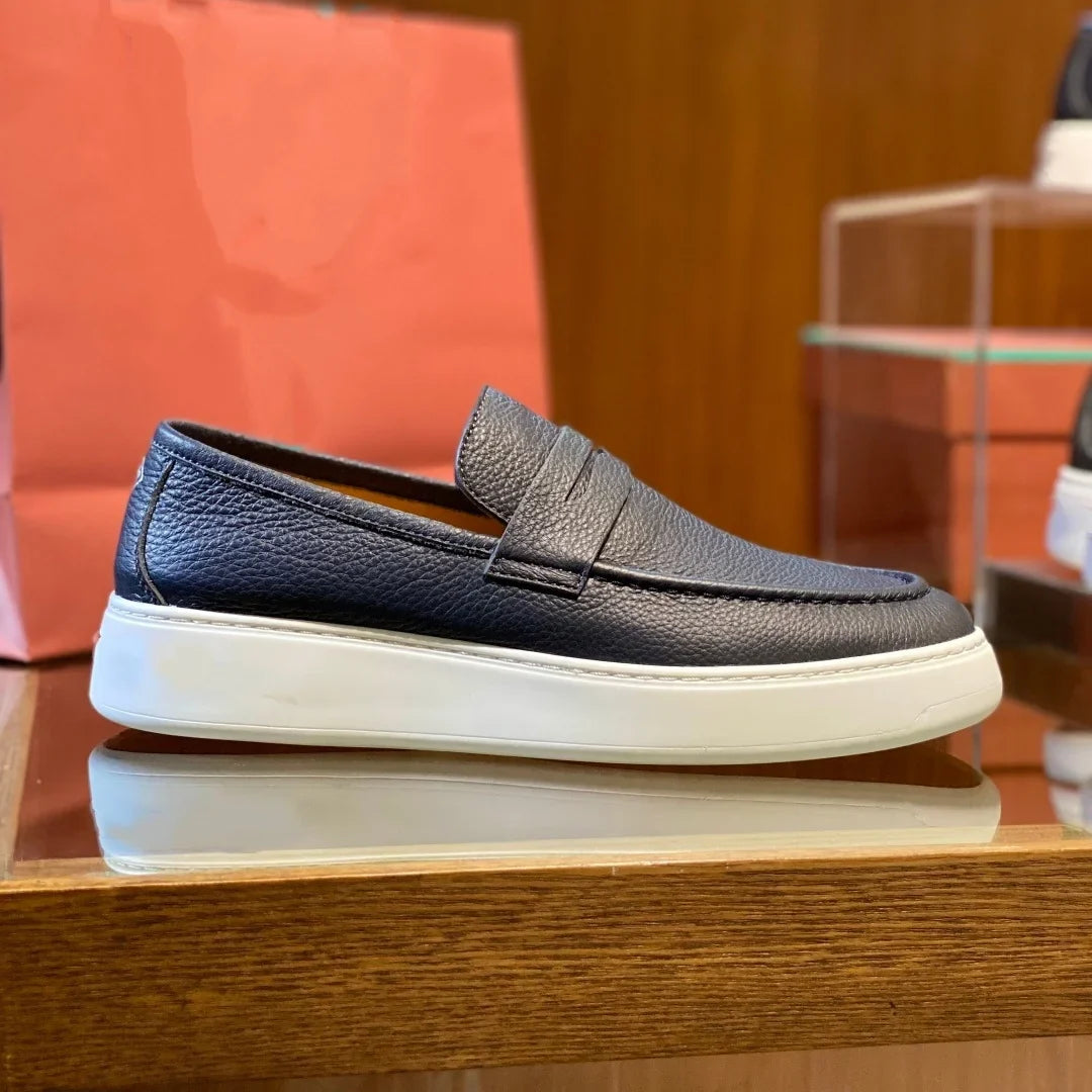 2026 New Men Genuine Grain Leather Penny Loafers Slip On Platform Non Slip Soft Sole Business Casual Driving Daily Walking Shoes