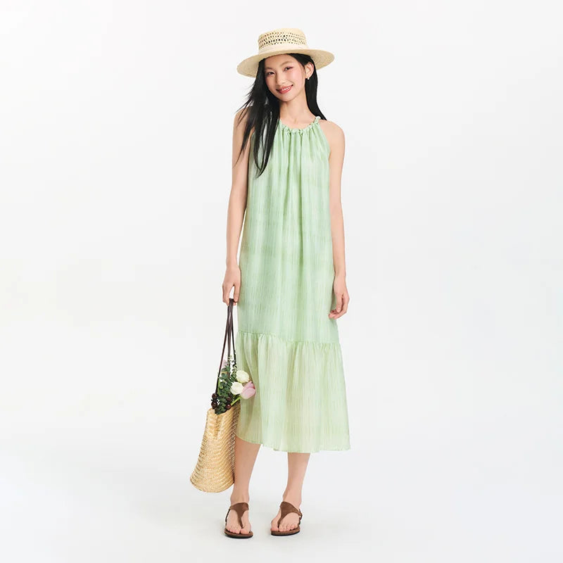 Women Dress Bowknot Textured Halter Neck Vacation A Line Maxi 2026 Summer Romantic Fresh Elegant Soft Comfy Holiday Top