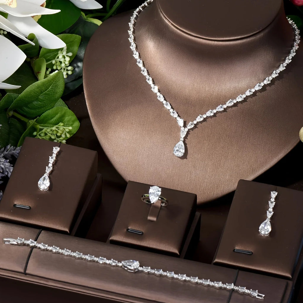 Classic Water Drop Cubic Zirconia Dubia Women Bridal Jewelry Sets 4PCS Necklace Earring Set Bijoux Femme Ensemble S-342