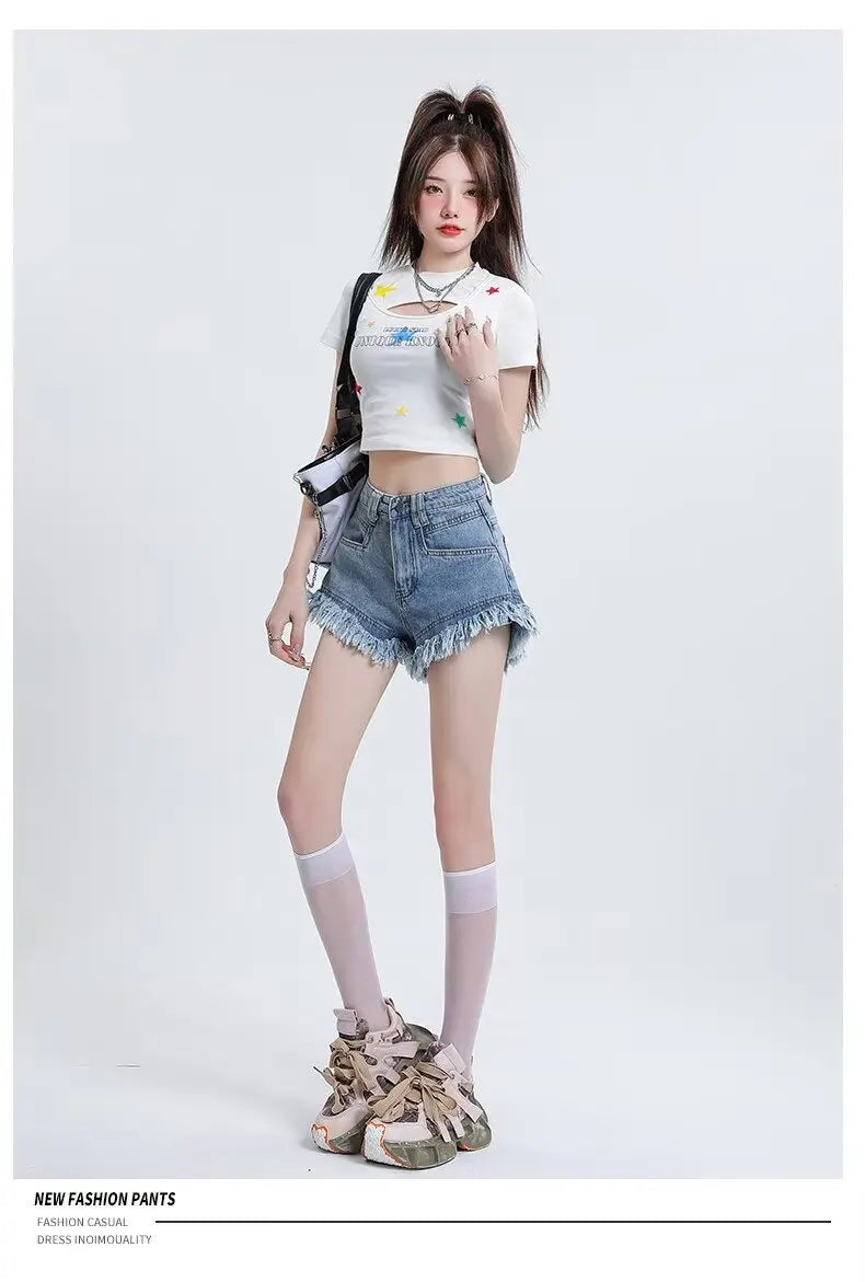 Women's Pear-shaped Friendly Denim Shorts 2026 Summer New High Waist Frayed Hem Casual Streetwear Wide Leg Hot Pants
