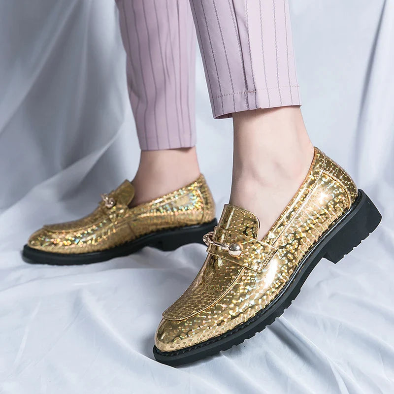 Men's Glossy Leather Shoes European American Luxury Blue High-end Banquet Loafers Commuting Party Dress Formal Shoes Size：38-46