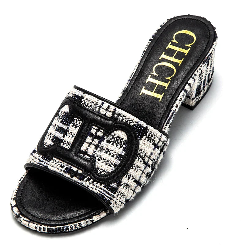 Middle heel square heel slippers fabric fashion casual shoes luxury brand slippers girls street commuter slippers