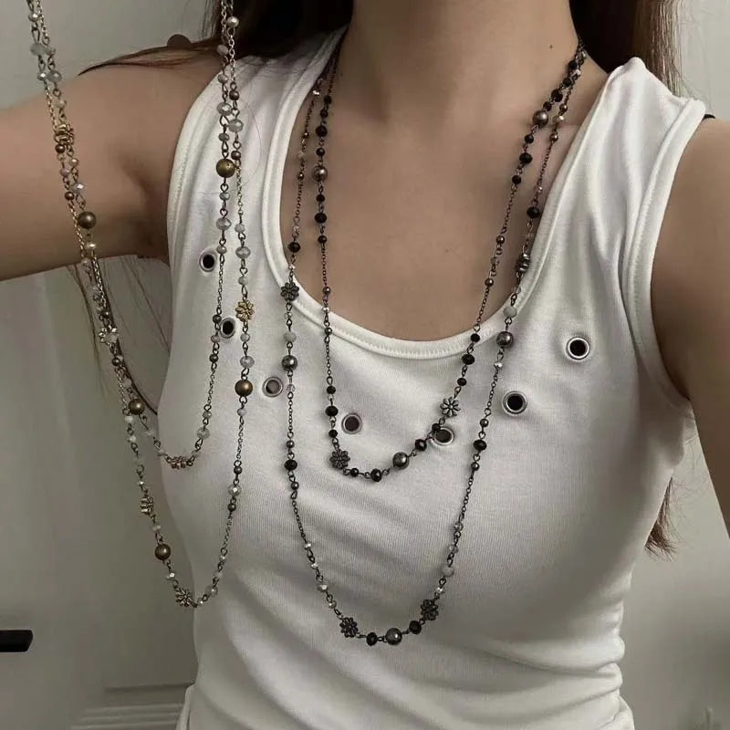 Vintage Double Layered Flower Beaded Chains Necklaces for Women Bohemian Ethnic Style Glass Beaded Sweater Chain Jewelry