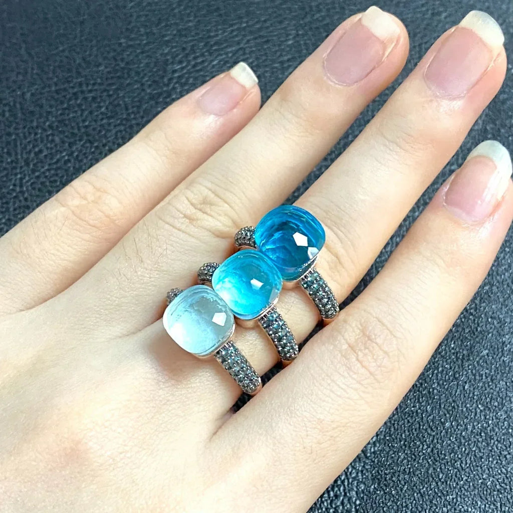 10.6mm Elegant Blue Topaz Zircon Ring Dual Tone Black Gun & Rose Gold 30 Colors Candy Crystal Jewelry Gift for Women