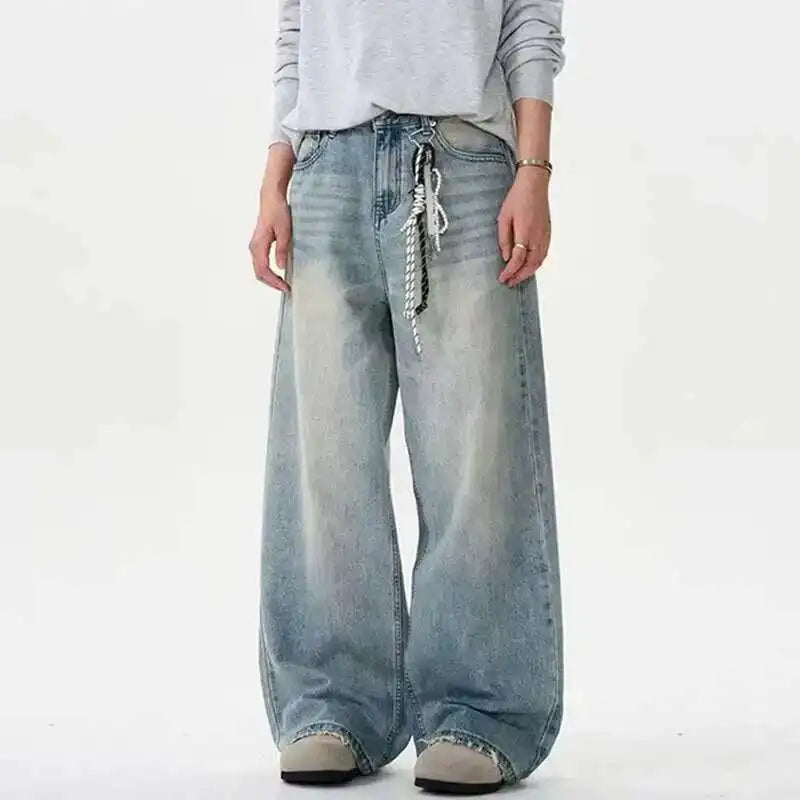 IEFB Distressed Jeans Solid Color Washing Summer Men Trousers Loose Wide Leg Casual Straight Moustache Effect Male Bottom 9W665