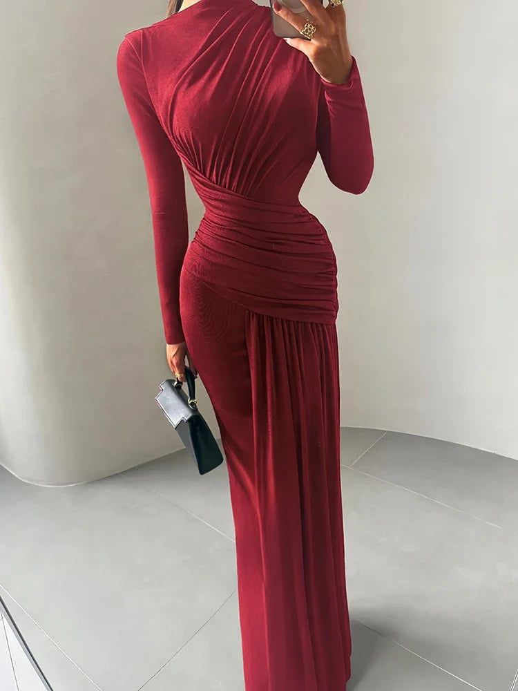 Sisterlinda Folds Maxi Dress Women O-Neck Full Sleeve Solid Banquet Elegant Vacation Fashion Autumn Skinny Casual Simple Vestido