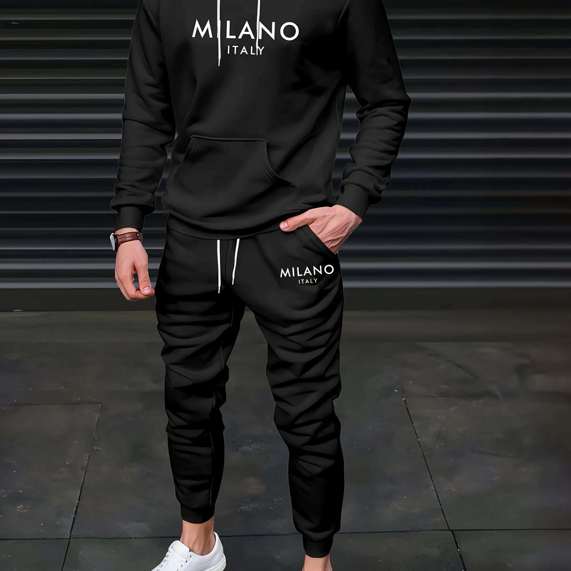 طقم رجالي خريفي/شتوي كاجوال دافئ بطباعة حروف MILANO ITALY، هودي رياضي مخملي سميك فضفاض + بنطال رياضي