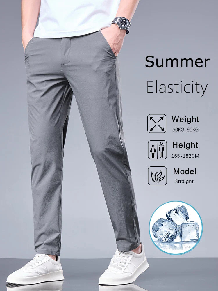 Business Ice Silk Pants Straight Elastic Waist Black Gray Trousers