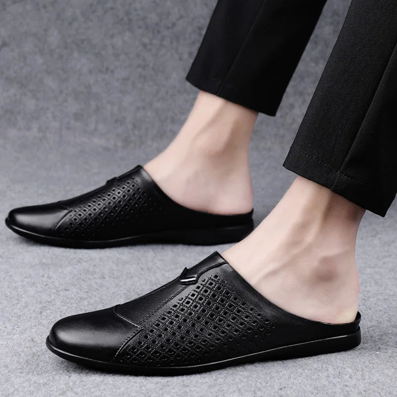 Summer Men Shoes Casual Brand Mens Penny Loafers Genuine Leather Luxury Half Slipper For Men Breathable Lazy Driving Shoes Man
