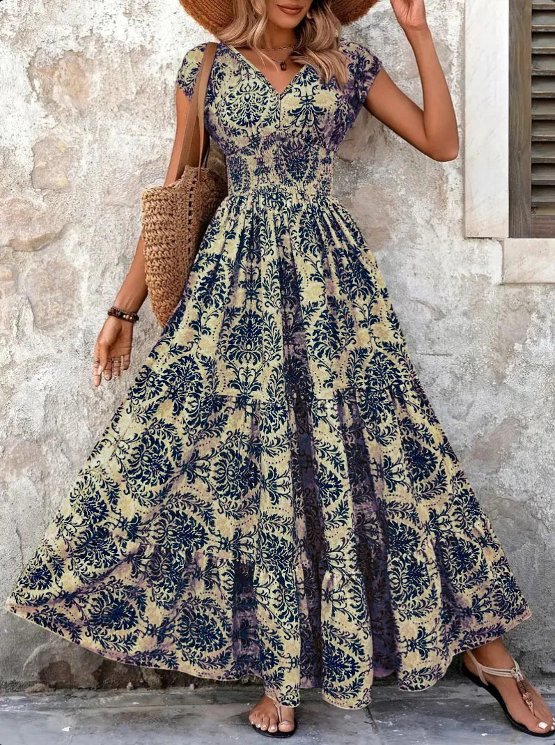 2026 Vintage Printed Dress Fashionable and Elegant V-Neck Short-Sleeved Jumpsuit Long Skirt Women's Clothing