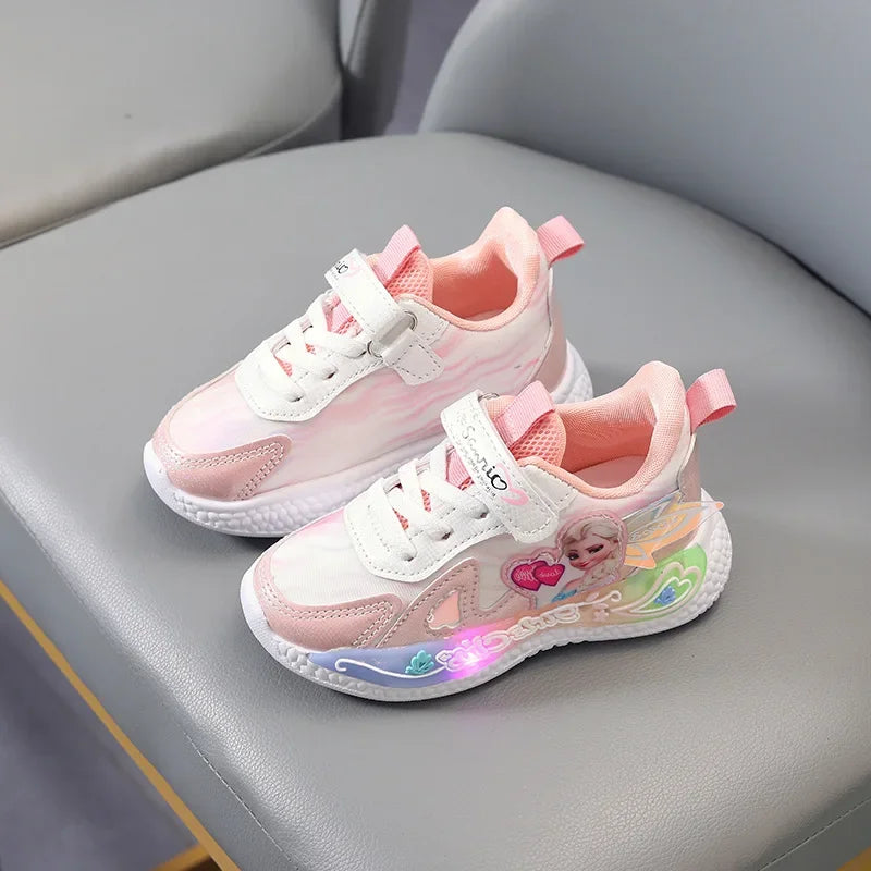 Disney LED Casual Sneakers Pink Purple For Summer Girls Frozen Elsa Princess Print Outdoor Shoes Children Lighted Non-slip Shoes