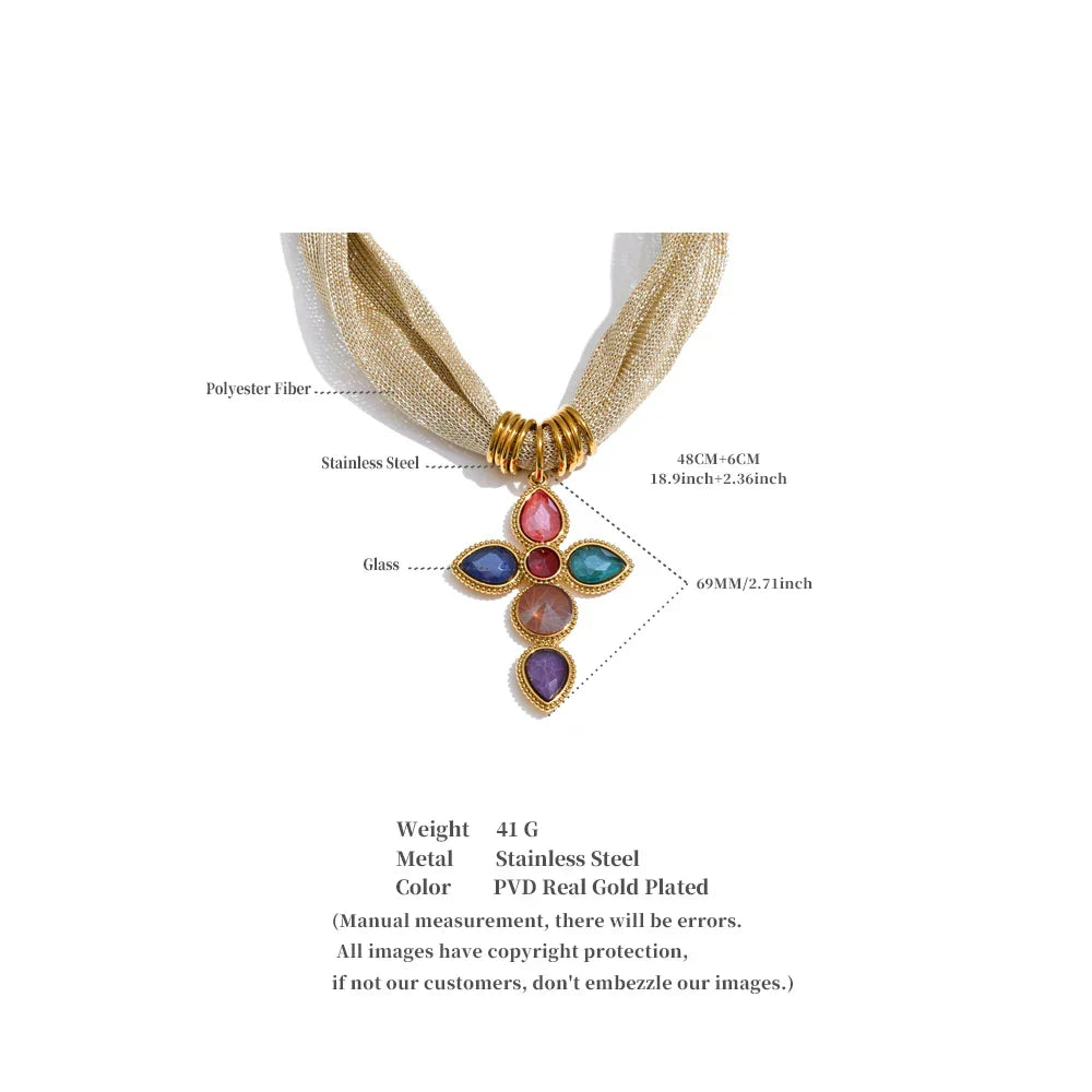 Yhpup White Colorful Shiny Glass Cross Pendant Necklace for Women Stainless Steel Polyester Chain Exquisite Jewelry Gift
