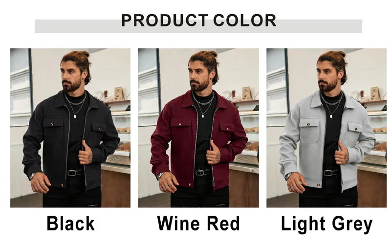 Men's Polyester Brushed Jacket, Lapel Button/Zipper Coat with Pocket, Comfortable Casual Autumn Winter Office Business Wear