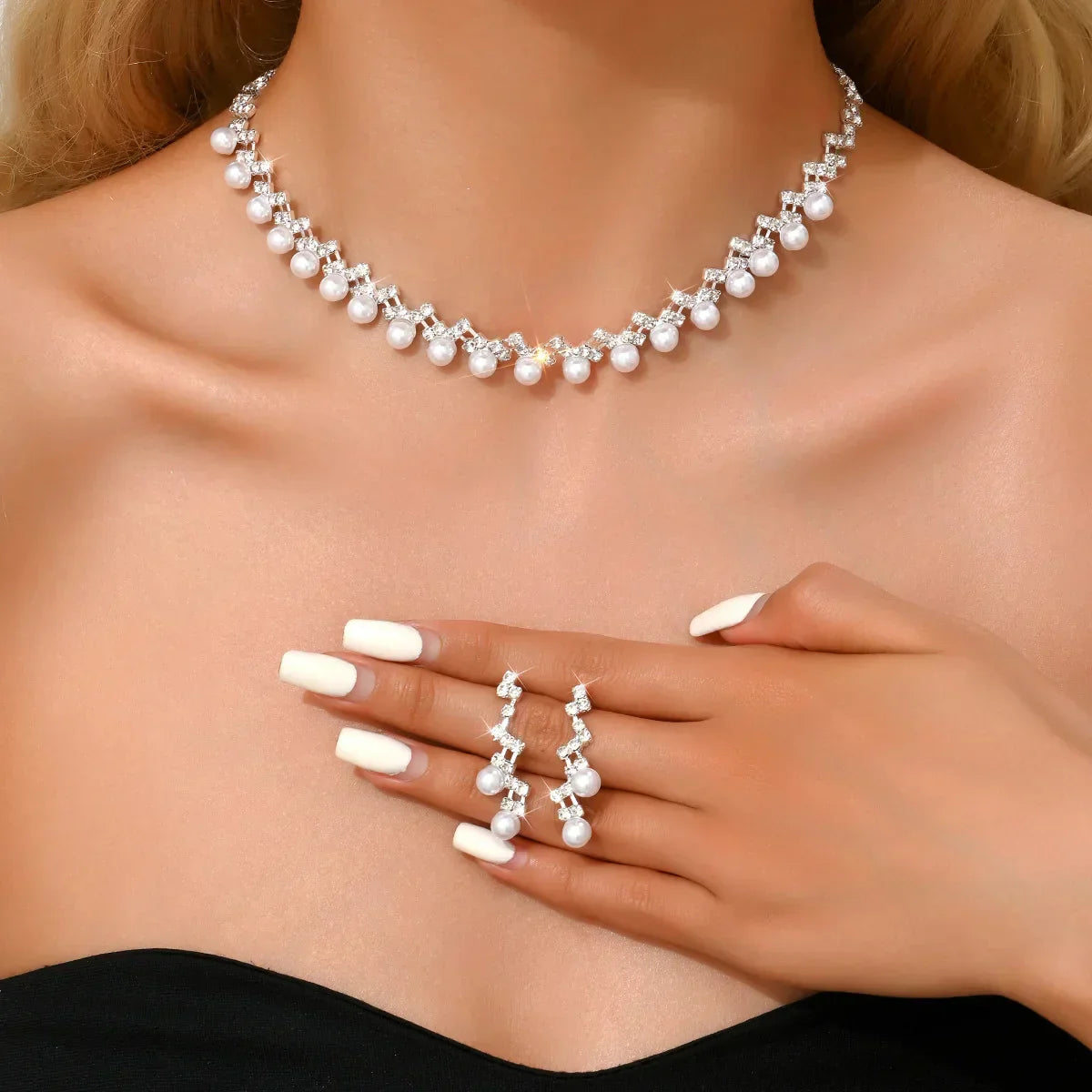 Silver Color Pearl Crystal Bridal Jewelry Sets Wave Shape Choker Necklace Earrings Sets for Women Wedding Jewelry Sets