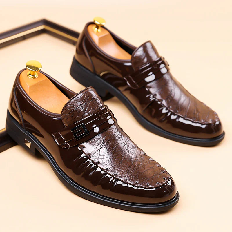 Men's Brown Crocodile Pattern Dress Shoes Patent Leather Slip-on Loafers Formal Business Wedding Oxfords for Men