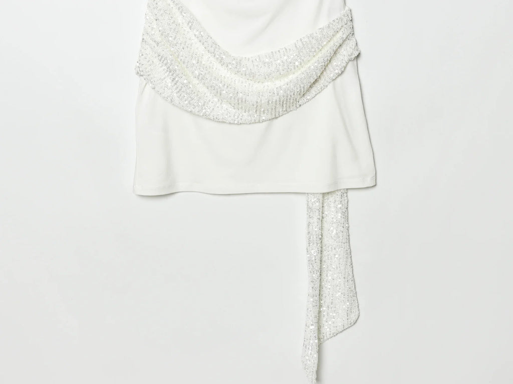2026 Women Elegant White Short-Sleeved Backless Sequined Splicing Decoration Sexy Short Dress Woman Fashion Party Mini Dress