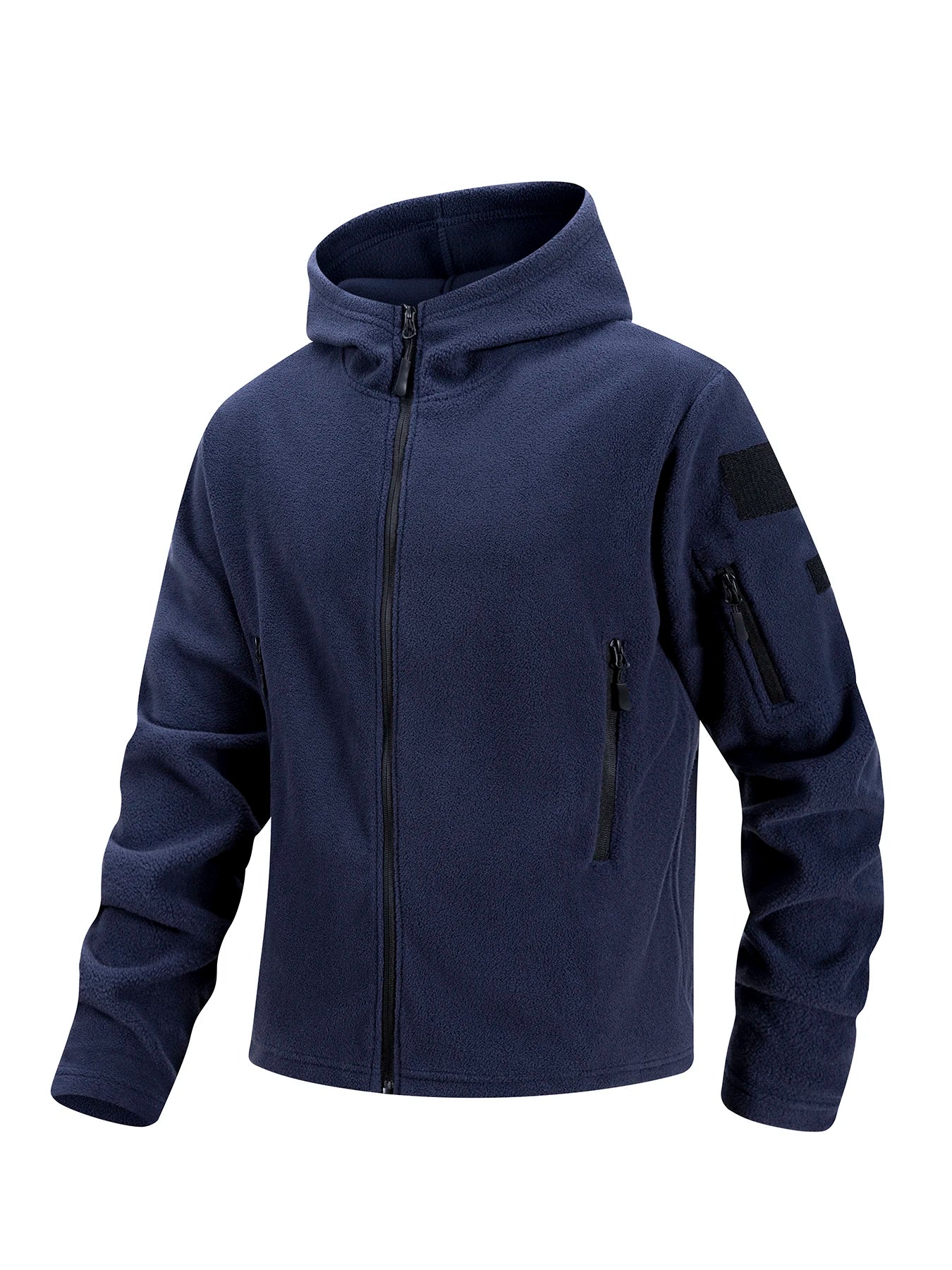 Men's Hiking Tactical Fleece Full Zip Hooded Jacket Multi-Zipper Pockets Design Autumn Winter Warm Outdoor Sports Coat for Men