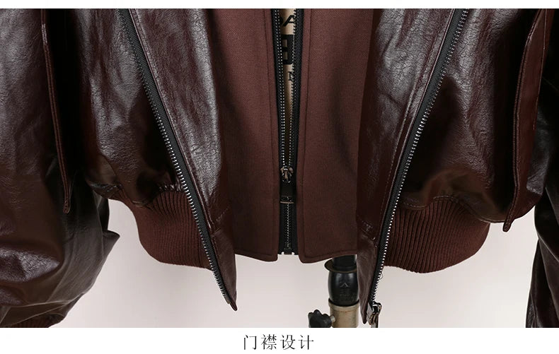 Autumn Winter Cool Handsome Oversized Brown Thickened Warm Leather Jacket Men with Hood Fake 2 Piece European Clothes