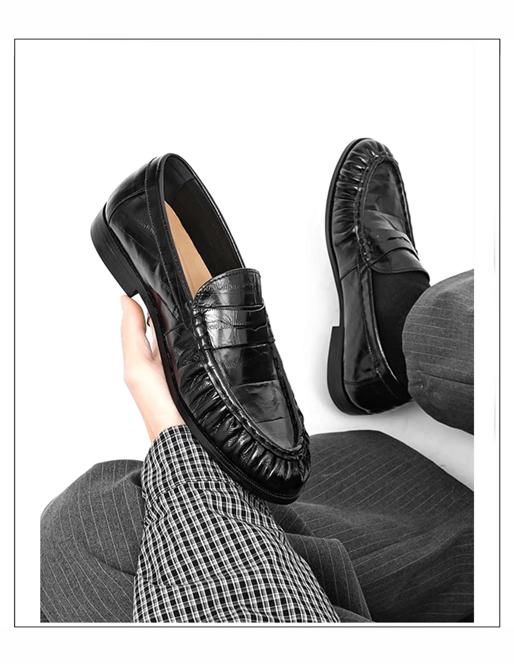 Pearlescent eel skin loafers for men with pleated flat bottoms slip on casual leather shoes for work and business