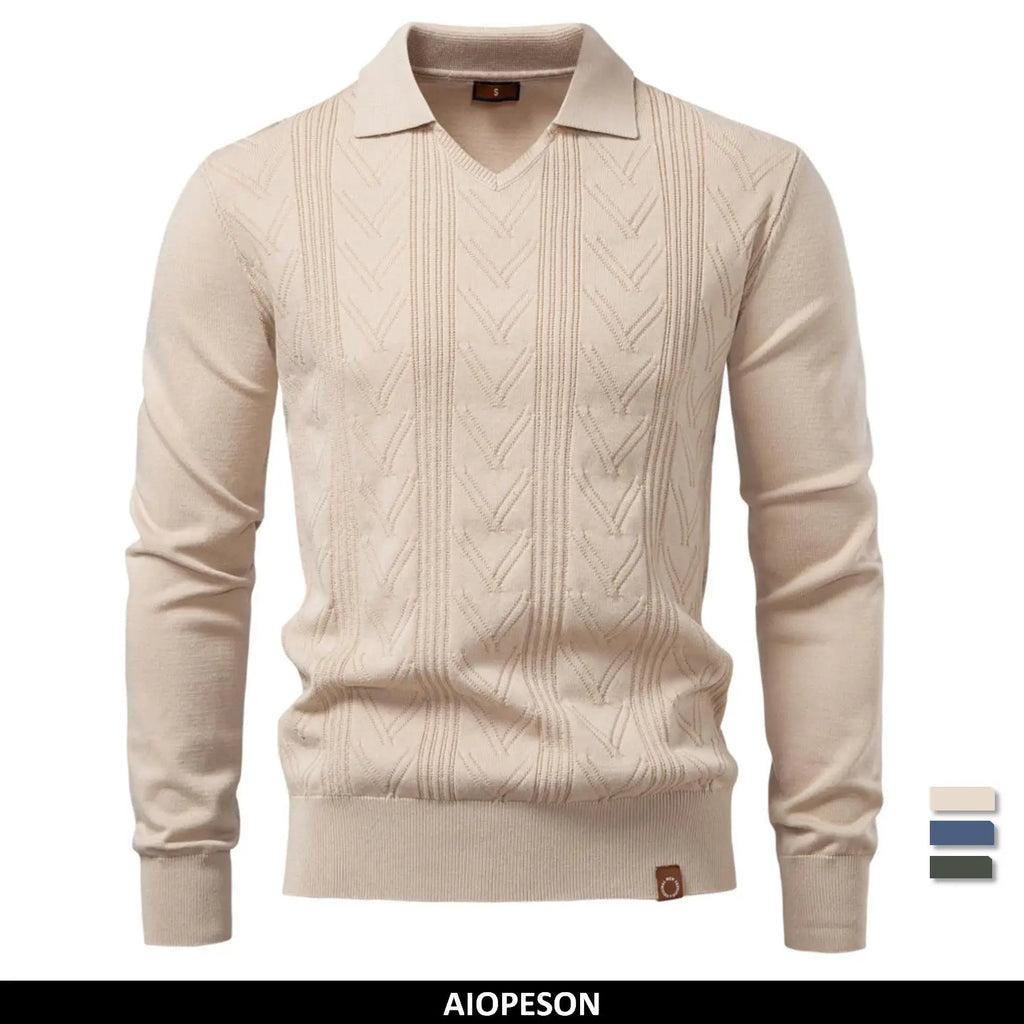 2025 Modern V-neck Polo Men Solid Color Long Sleeve Fashion Forward Cut Luxury Business Social Premium Sweaters Male