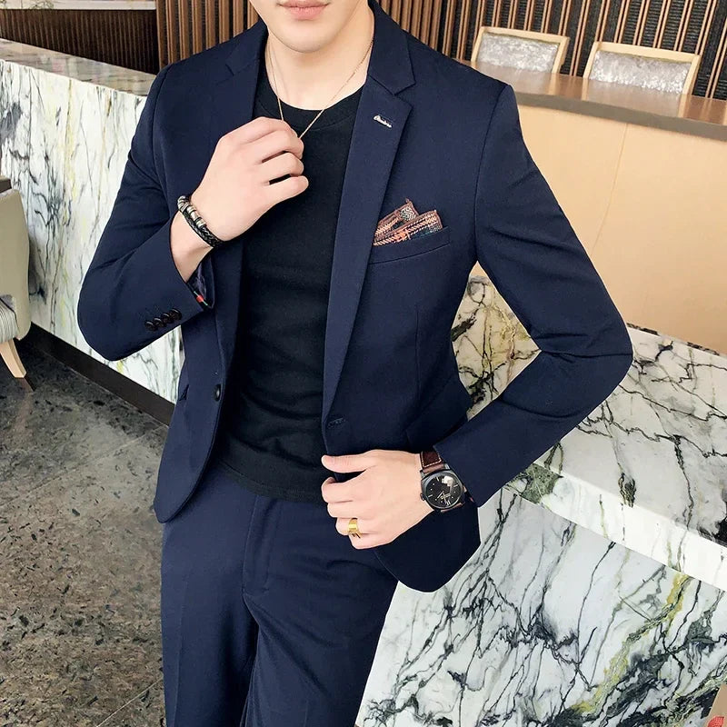 S-7XL Jacket + Pants / Luxurious High -end Brand Solid Color Men's Casual Business Slim Suit Two -piece Suit Groom Wedding Suit