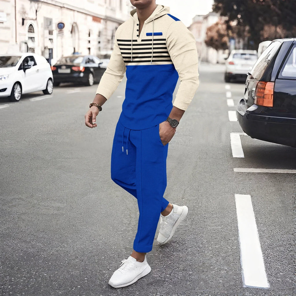 New Men's Waffle Casual Set Outdoor Four Seasons Versatile Trendy Stripe Color blocked Hoodie, Casual Pants Two Piece Set