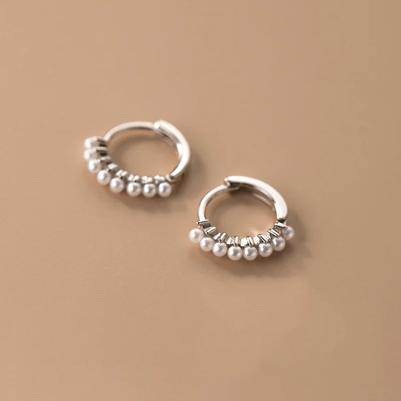 925 Sterling Silver Vintage Simple Pearl Huggies Ear Buckles for Women Charms Party Piercing Hoop Earrings Jewelry Gift