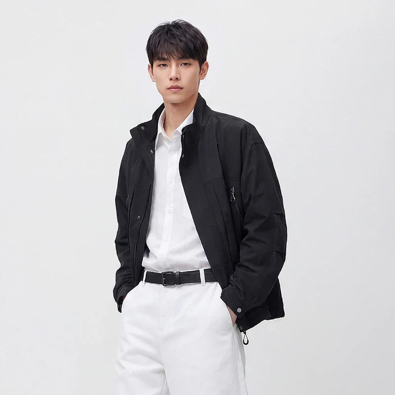 Men Jacket Lightweight Utility Stand Collar Zip Outdoor Commuter Style Loose Autumn Outerwear Daily Wear 2026