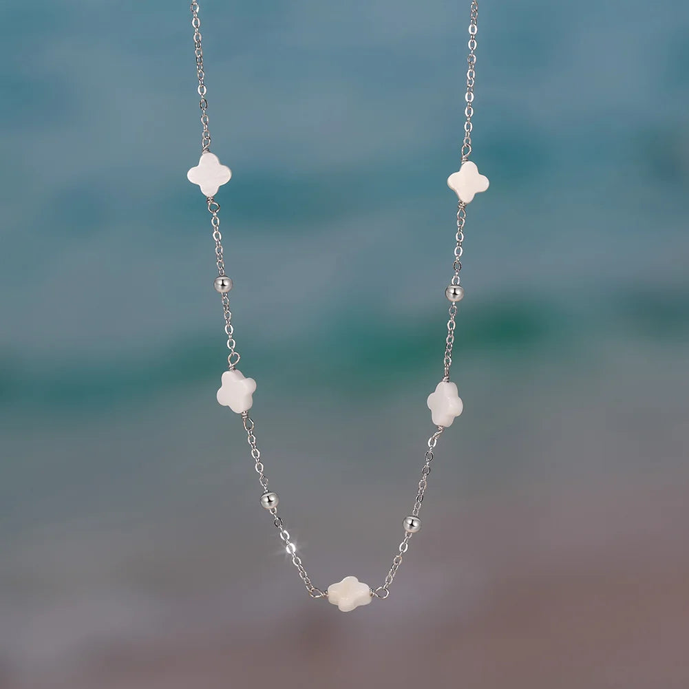 Elegant Ladies 925 Sterling Silver Necklace Four-Leaf Clover Inlaid Shell Decoration Suitable Daily Wear And Gifts