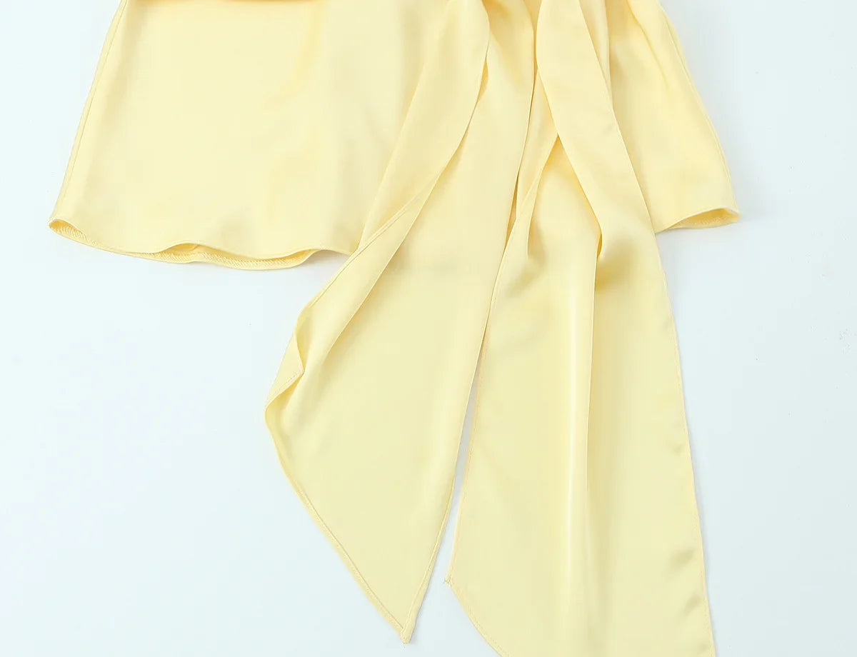 Chic Sexy 2026 Women Mini Dress Fashion Summer Asymmetric Neck-mounted Mini Dress Lace Yellow Sleeveless Female Vestidos