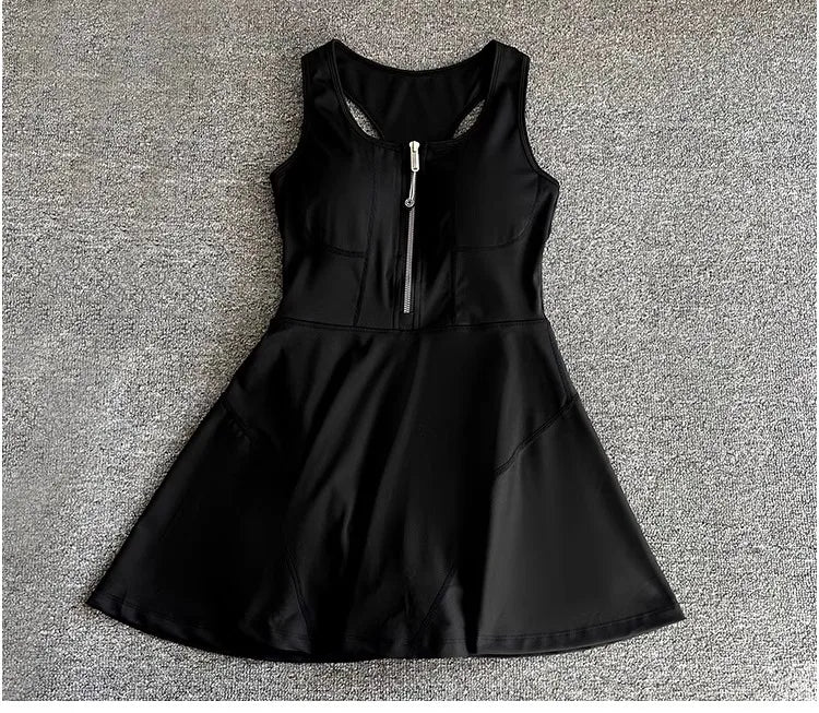 Tennis Skirt Casual Half Zipper Sports Fitness Dress Anti-Running High Waist Slim Golf Yoga Dress