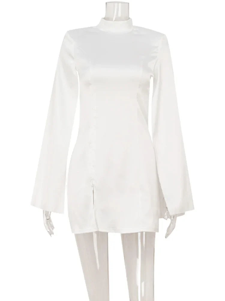 Eelgant Mini Dresses For Women Solid Long Flare Sleeves Turtleneck Sheath Satin Fashion Split Party Slim Fit Female Robe