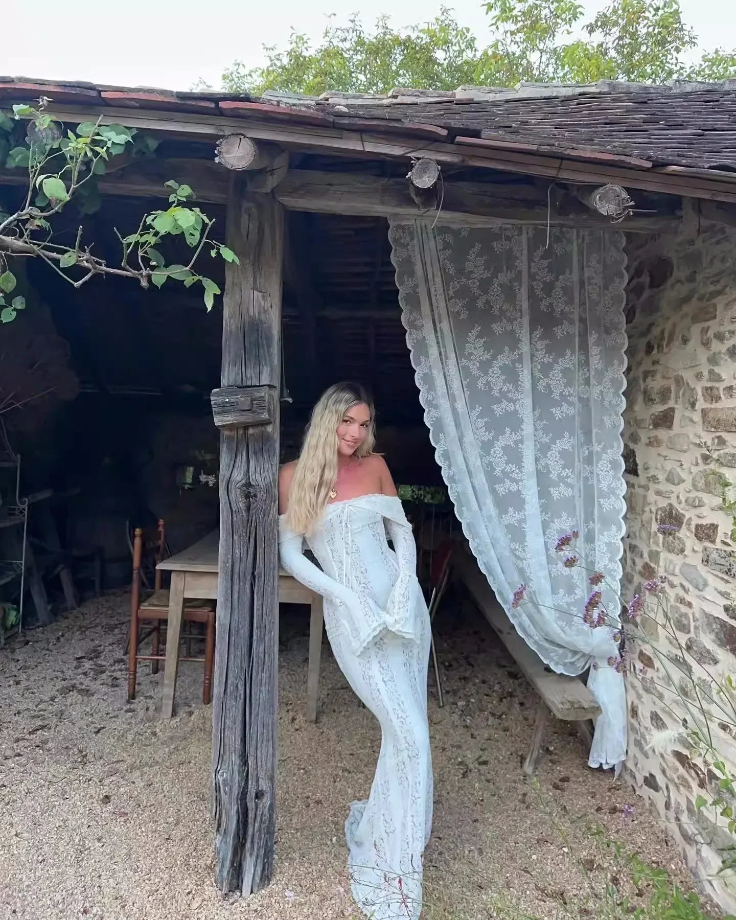 Oligai Elegant Off The Shoulder Bodycon Dress 2024 New in White Flare Sleeve Lace Maxi Dress Wedding Guest Dress for Women