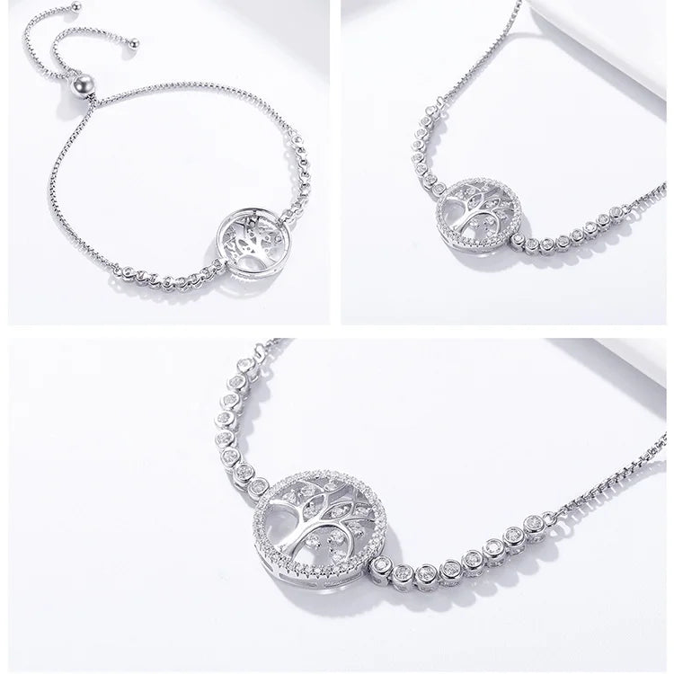 925 Sterling Silver Tree of Life CZ Tennis Bracelet Women Adjustable Bolo Bracelet Fine Jewelry SCB035