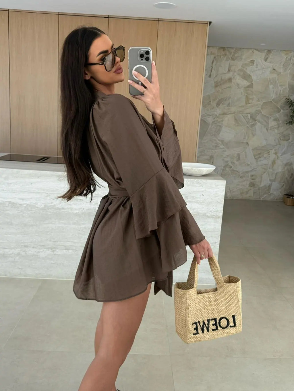2026 Autumn Ruffle Loose Mini Dress Casual Flare Sleeve Holiday Dresses Sexy Deep V-neck Lace Up Solid Women's Dress Vestidos