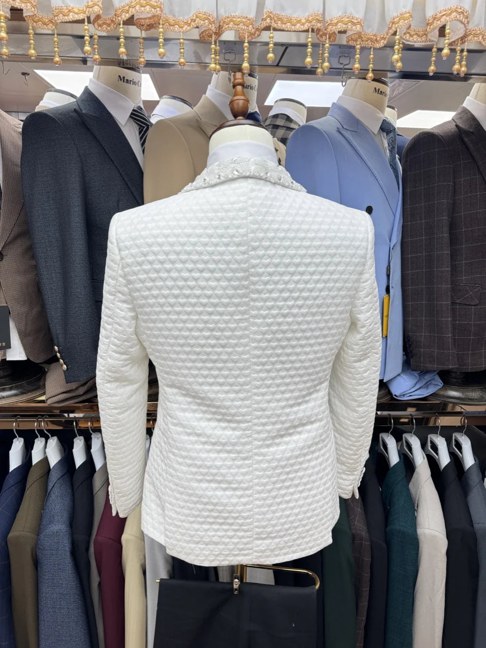 White Jacquard Men's Tuxedo 3 Pieces Blazer Vest Pants Wedding Groom Best Man Outfit Customized Suit Set For Men Birthday Party
