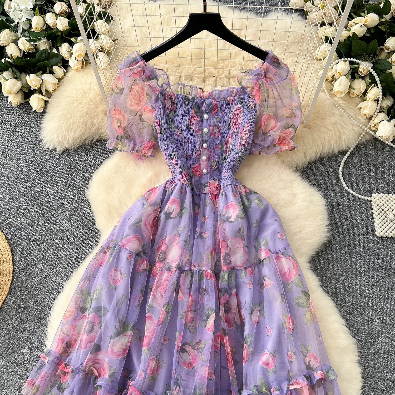 Retro Floral Chiffon Dr Women's Waist Cinched Bubble Sve Me Skirt Tea Break Gentle Soft Sle Korean High Waist A-Lin...