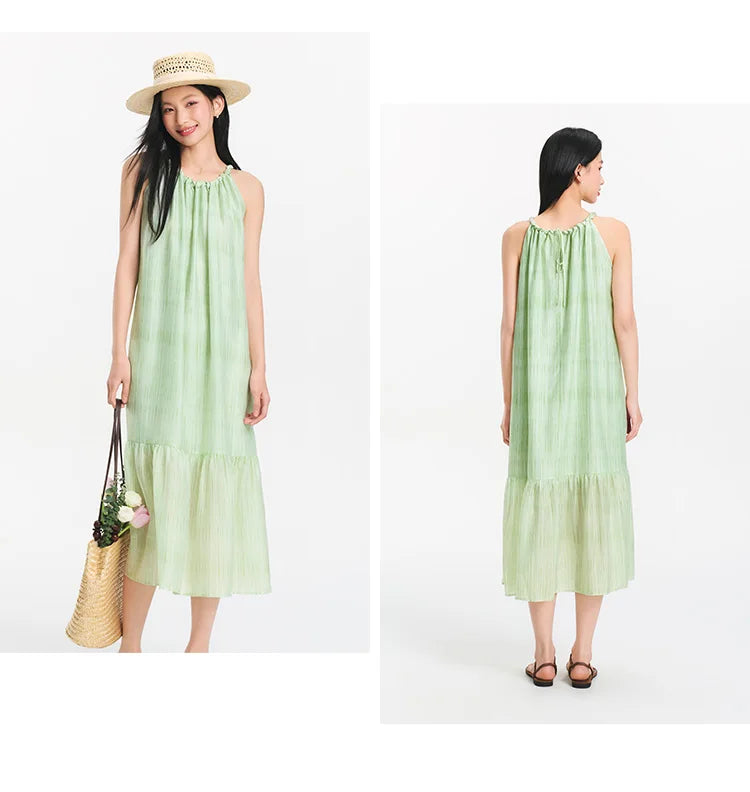 Women Dress Bowknot Textured Halter Neck Vacation A Line Maxi 2026 Summer Romantic Fresh Elegant Soft Comfy Holiday Top